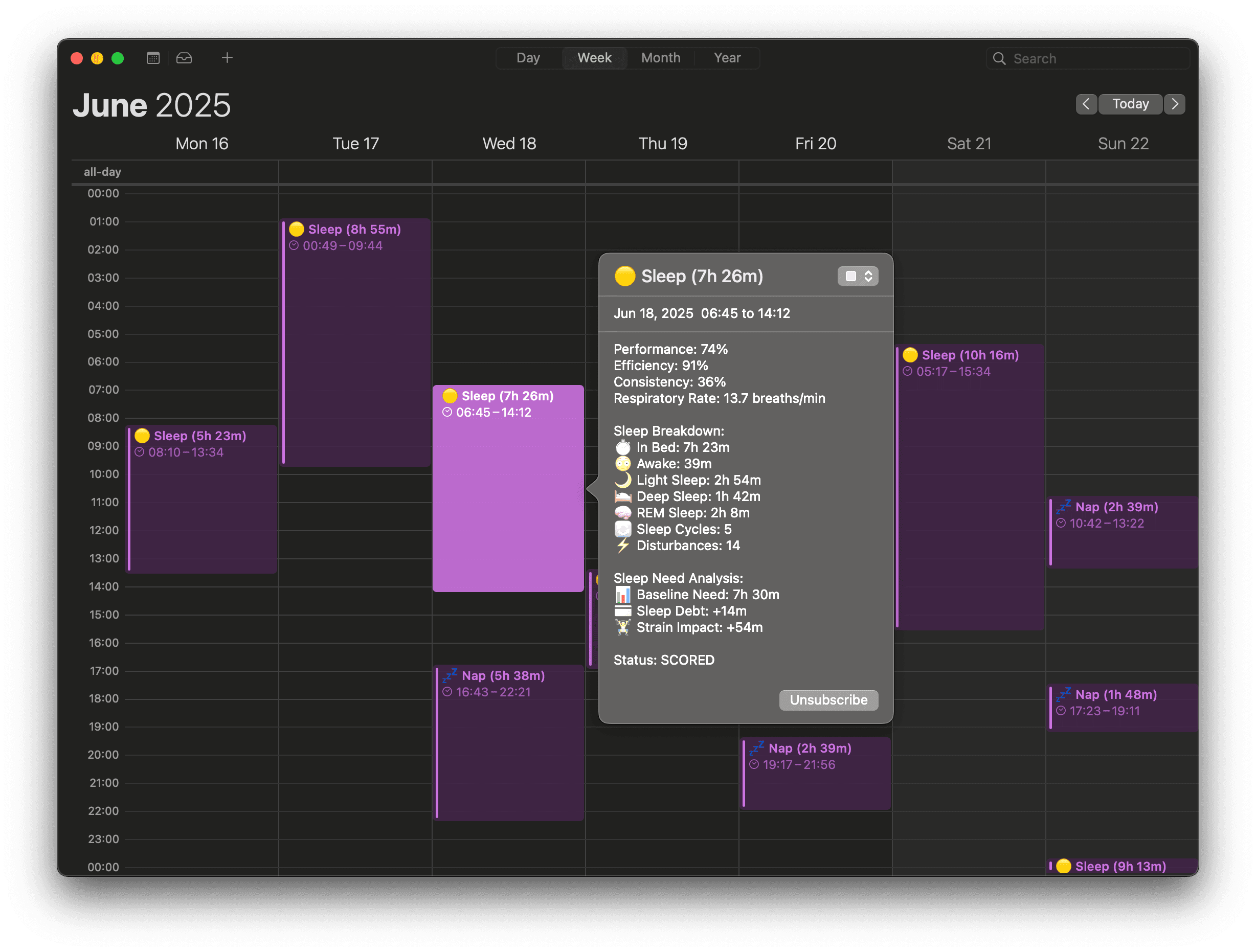 Calendar showing Whoop sleep data